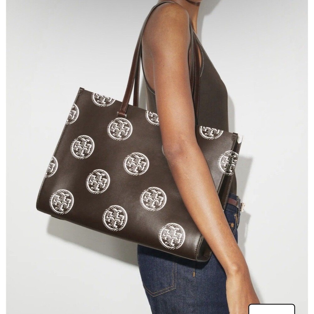 Tory Burch Women’s T Monogram Contrast Tote Chocolate Brown Leather New $580